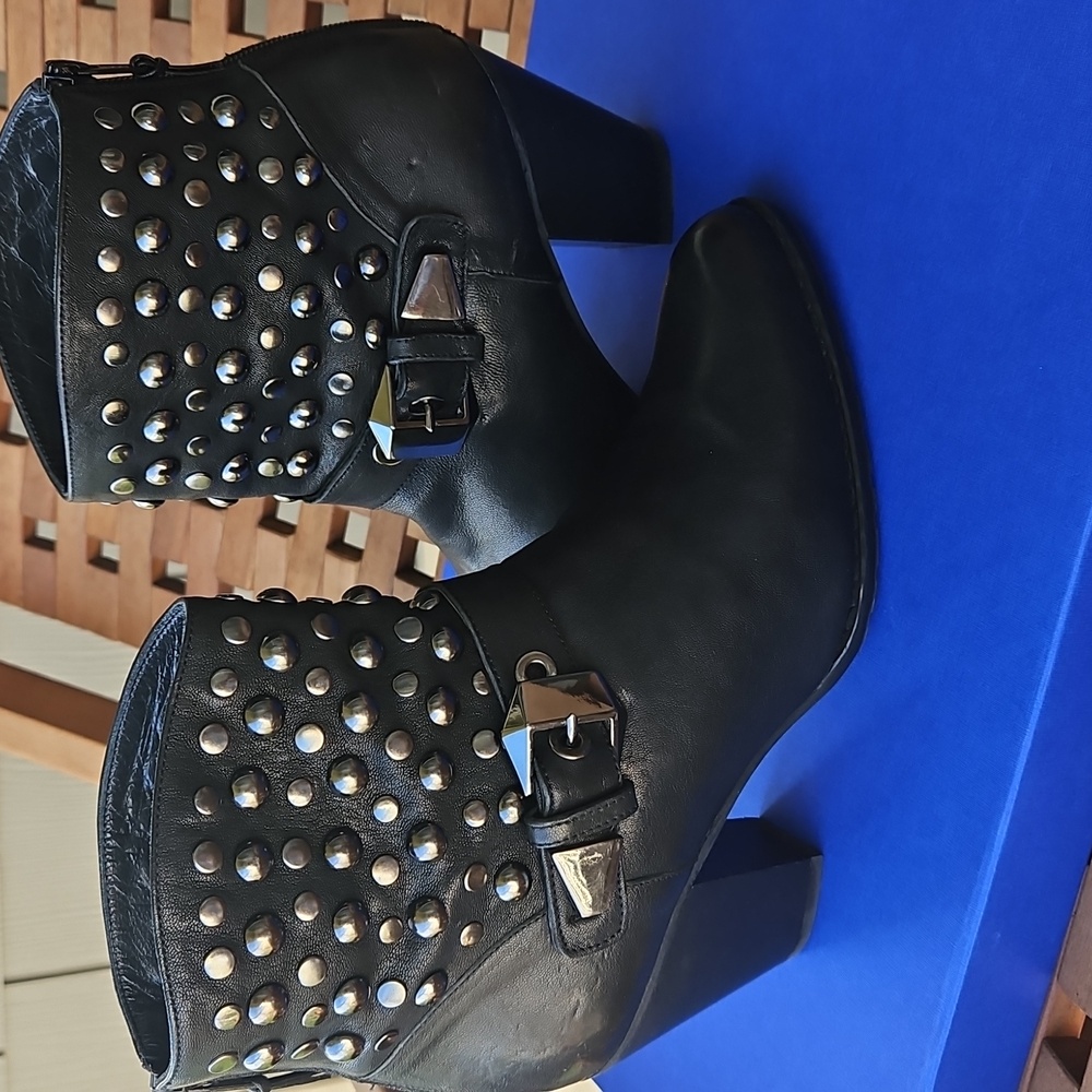 Stuart Weitzman Studded Black Leather Ankle Boots, 9M